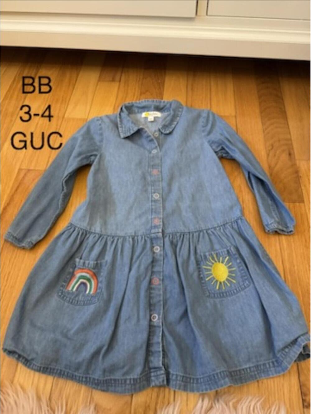 Baby Boden Denim Dress with Rainbow and Sun Pockets, Size 3-4